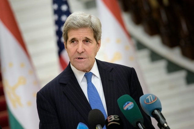 US Secretary of State John Kerry makes a statement to the press after a meeting with the Tajik president at the Palace of Nations