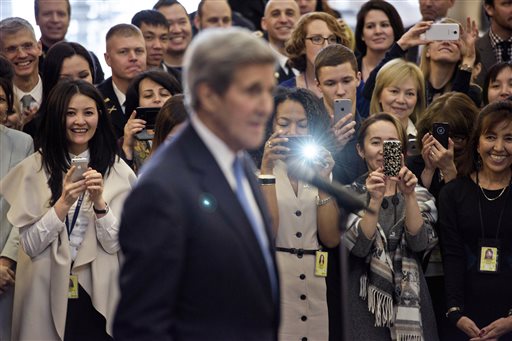 US Secretary of State John Kerry speaks to staff at the US Embassy on Monday Nov. 2 2015 in Astana Kazakhstan. US Secretary of State Kerry begins the third leg of a five nation tour of Central Asia in Kazakhstan where he is scheduled to meet with high