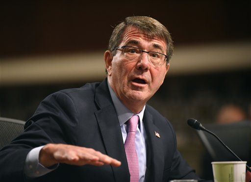 Defense Secretary Ash Carter testifies on Capitol Hill in Washington Tuesday Oct. 27 2015 before the Senate Armed Services Committee. Carter said Tuesday that the U.S. is willing to step up unilateral attacks against Islamic State militants in Iraq