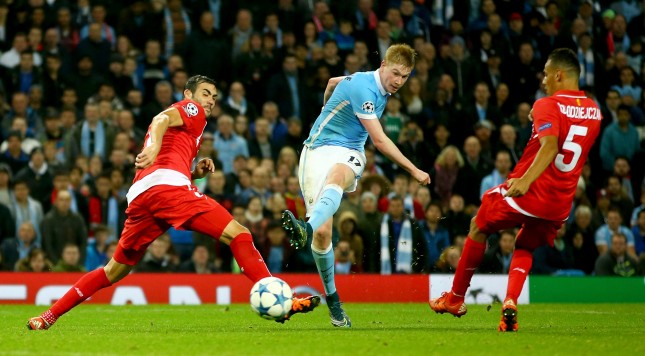 MANCHESTER ENGLAND- OCTOBER 21 Kevin De Bruyne of Manchester City scores his team's second goal during the UEFA Champions League Group D match between Manchester City and Sevilla at Etihad Stadium