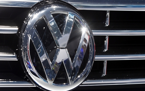 The logo of Volkswagen is displayed on a car during the Car Show in Frankfurt Germany