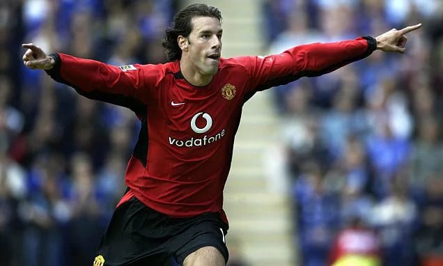 Manchester United's Ruud Van Nistelrooy celebrates scoring the United's second goal against Leicester City during their Barclaycard Premiership match at Walkers Stadium Leicester Saturday