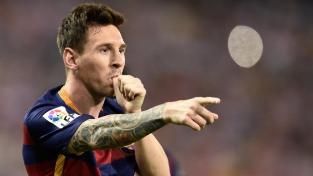 Barcelona's Argentinian forward Lionel Messi celebrates after scoring during the Spanish league football match Club Atletico de Madrid vs FC Barcelona