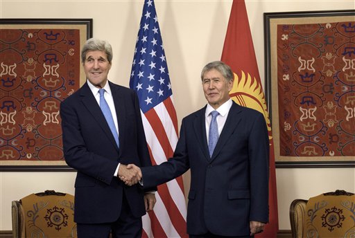 US Secretary of State John Kerry left and Kyrgyz President Almazbek Atambayev shake hands before a meeting on Saturday Oct. 31 2015 in Bishkek. Kerry arrived in Central Asia for a five-day five-nation tour of the'Stans, Kyrgyzstan Uzbekistan Kaza