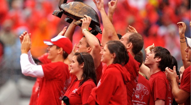 COLUMBUS OH- SEPTEMBER 26 Ohio State Buckeyes students hoist the Illibuck trophy during the game against the Illinois Fighting Illinois at Ohio Stadium