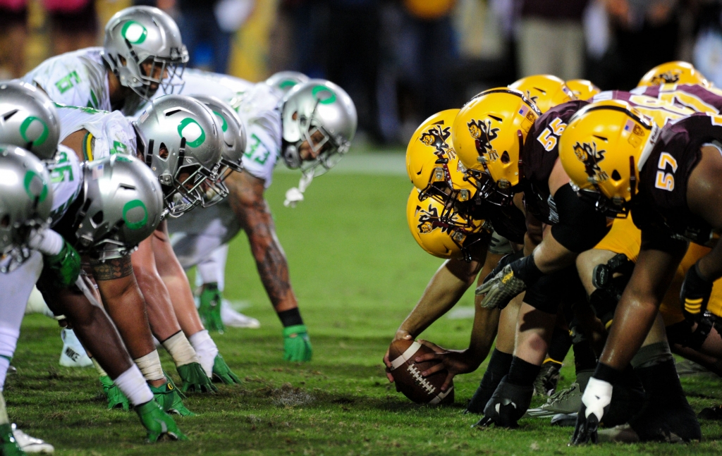 Oct 29 2015 Tempe AZ USA The Arizona State Sun Devils offense squares off against the Oregon Ducks defense during the second half at Sun Devil Stadium. Mandatory Credit Matt Kartozian-USA TODAY Sports