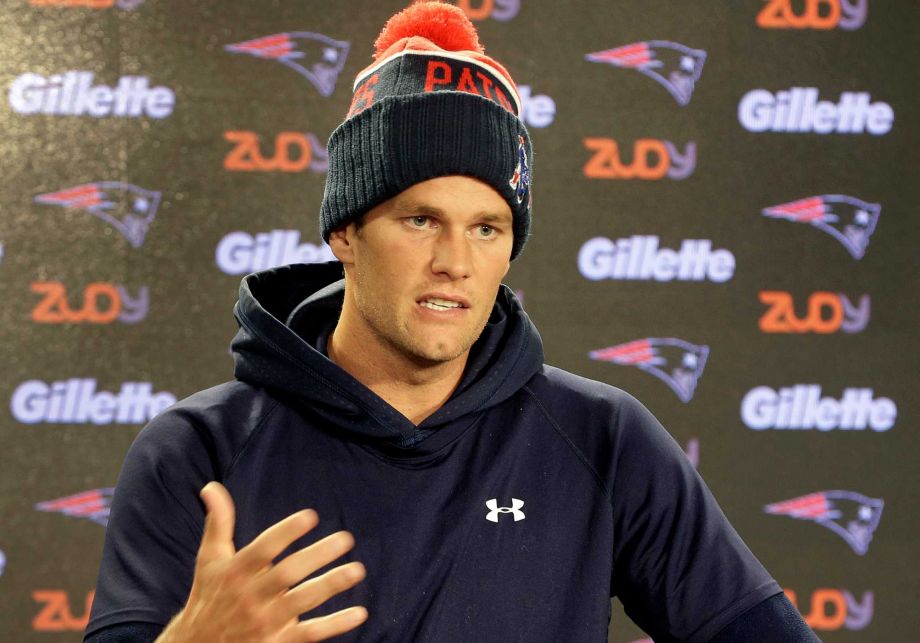 New England Patriots quarterback Tom Brady faces reporters during a news conference before an NFL football practice Wednesday Nov. 11 2015 in Foxborough Mass. The Patriots are to play the New York Giants in East Rutherford N.J. Sunday Nov. 15 201