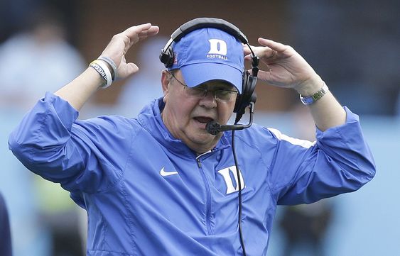 Cutcliffe reacts during the first half of an NCAA college football game against North Carolina in Chapel Hill N.C. Saturday Nov. 7 2015. North Carolina won 66-31