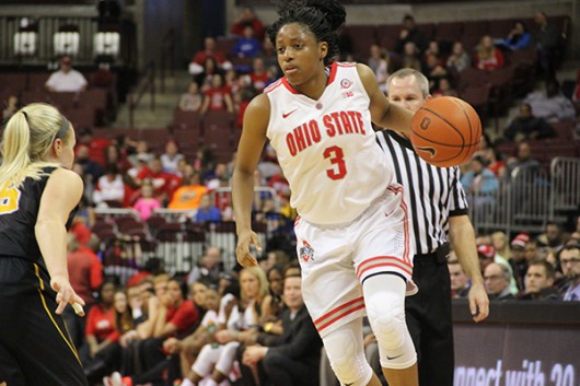 OSU then-freshman guard Kelsey Mitchell dribbles the ball during a game against Iowa on Feb. 21 at the Schottenstein Center. Credit Lantern File