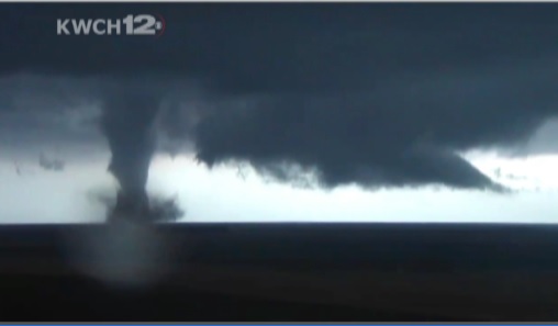 As part of a severe weather outbreak in the Midwestern United States that took place on Monday a tornado in the Kansas community of Grainfield was caught on camera