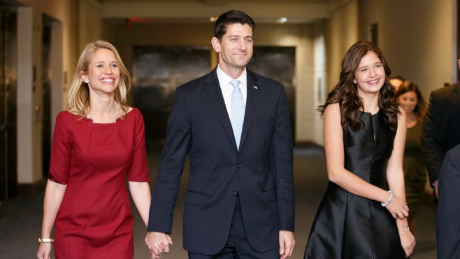 New House Speaker Paul Ryan of Wis. walks with his wife Janna left and daughter Liza on their way to a reception with 2012 Republican presidential candidate Mitt Romney Thursday Oct. 29 2015 on Capitol Hill in Washington