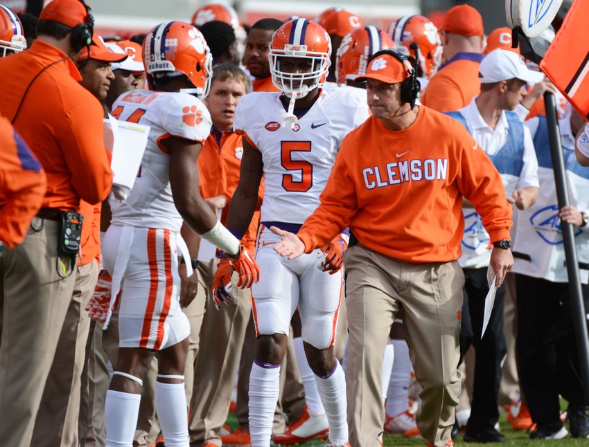 Oct 31 2015 Raleigh NC USA Clemson Tigers head coach Dabo Swinney congratulates wide receiver Ray Ray McCloud after a return during the first half against the North Carolina State Wolfpack at Carter Finley Stadium. Mandatory Credit Rob Kinnan-U