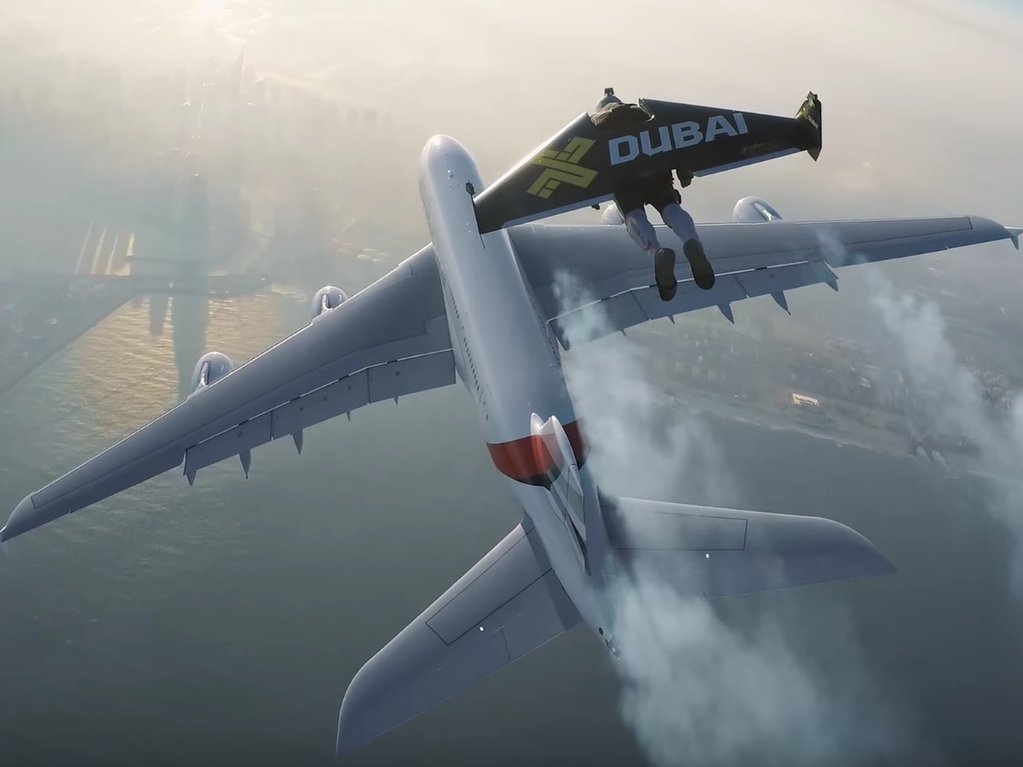 XDubai  YouTubeA member of Jetman Dubai flies above an Airbus A380