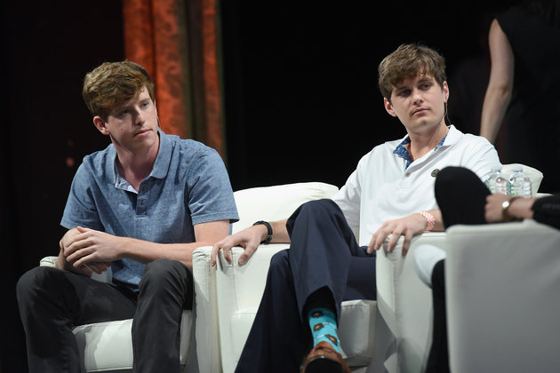 Yik Yak co-founders Brooks Buffington and Tyler Droll speak onstage during Tech Crunch Disrupt NY 2015. Civil rights groups are pressuring the company to do more to monitor offensive speech in posts on the app