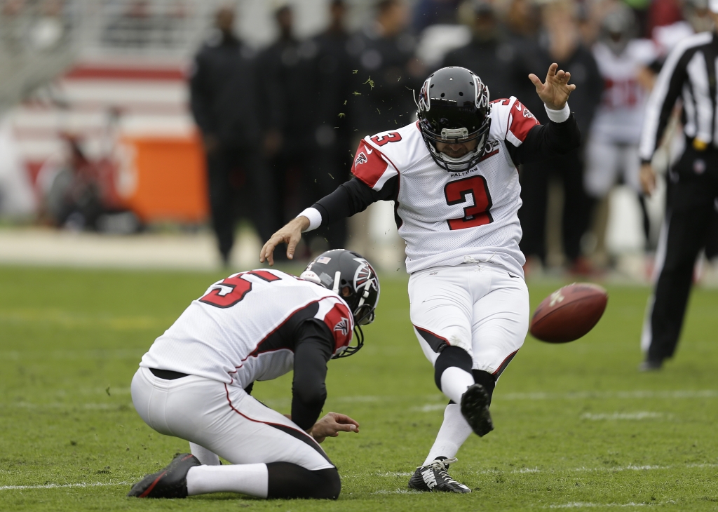 Atlanta Falcons kicker Matt Bryant kicks a field goal from the hold of Matt Bosher during the first half of an NFL football game against the San Francisco 49ers in Santa Clara Calif. Sunday Nov. 8 2015. ORG XMIT FXN