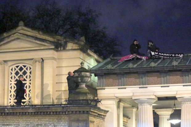 Two men from campaign group Fathers4 Justice climbed on to a roof at Buckingham Palace
Splash News