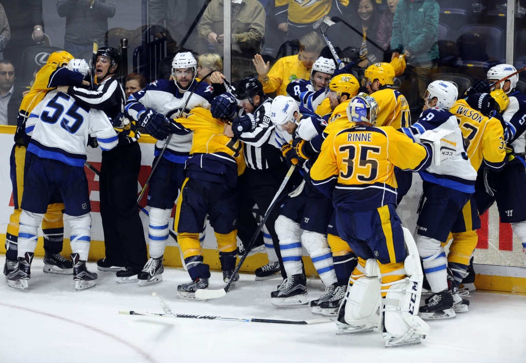 Nov 14 2015 Nashville TN USA Nashville Predators and Winnipeg Jets players have to be separated after a play during the third period against the Winnipeg Jets at Bridgestone Arena. Mandatory Credit Christopher Hanewinckel-USA TODAY Sports ORG XMIT