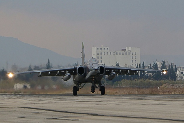 A Russian Sukhoi Su-34 bomber lands at the Hmeimim military base in Latakia province in the northwest of Syria