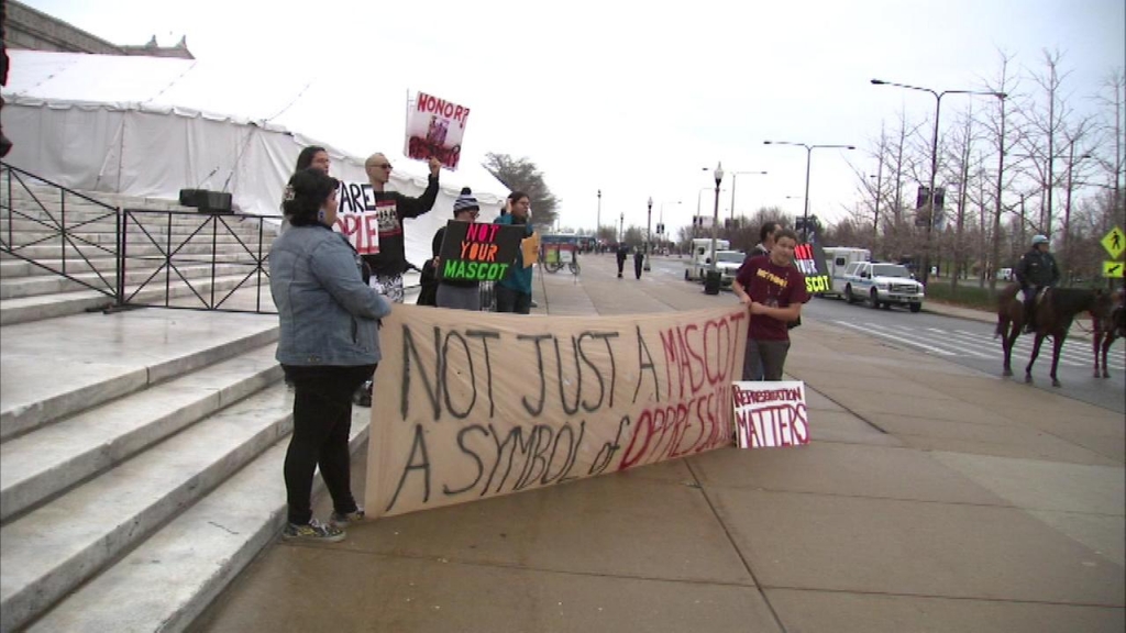 A group gathered before Sundays Chicago Bears game at the museum campus to protest the Washington Redskins mascot