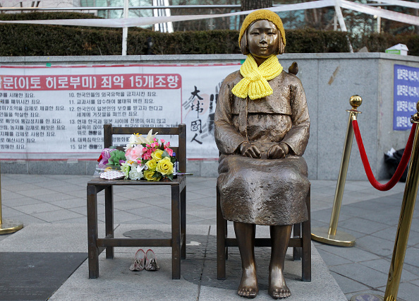 A statue of a girl symbolizing the issue of 'comfort women&#039 in front of the Japanese Embassy