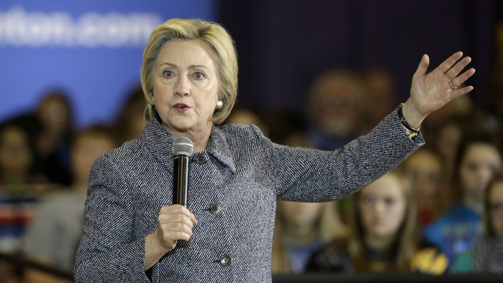 Democratic presidential candidate Hillary Clinton speaks during a town hall meeting at Keota High School in Keota Iowa