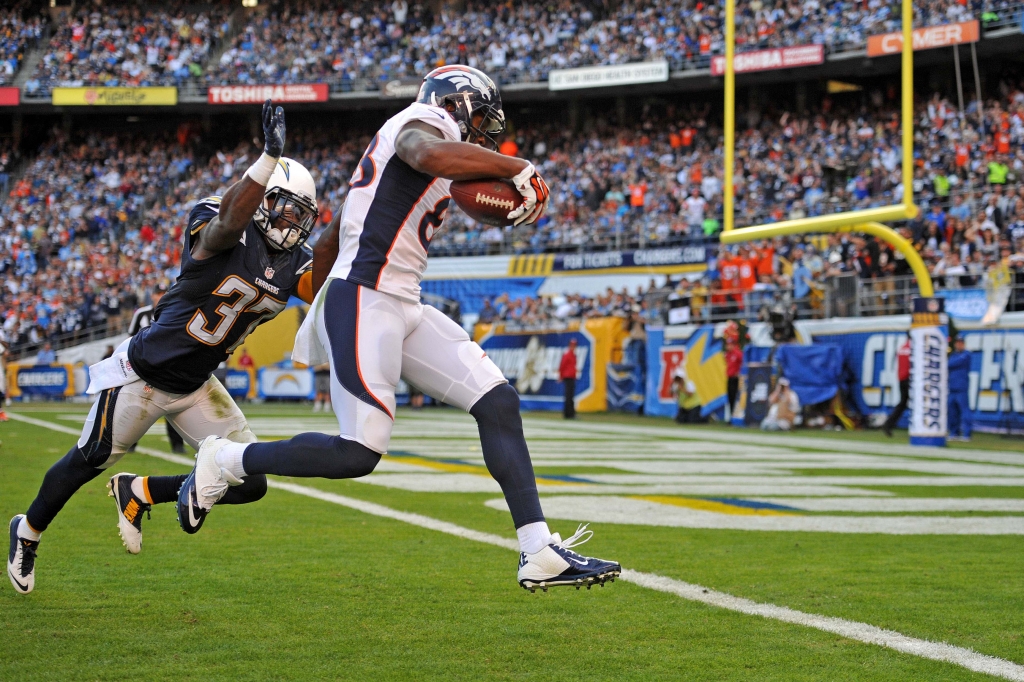 Dec 14 2014 San Diego CA USA Denver Broncos wide receiver Demaryius Thomas scores a touchdown as San Diego Chargers defensive back Jahleel Addae defends during the third quarter at Qualcomm Stadium. Mandatory Credit Jake Roth-USA TODAY Spo