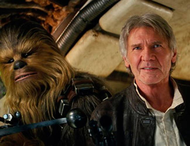 Peter Mayhew as Chewbacca and Harrison Ford as Han Solo in'Star Wars The Force Awakens