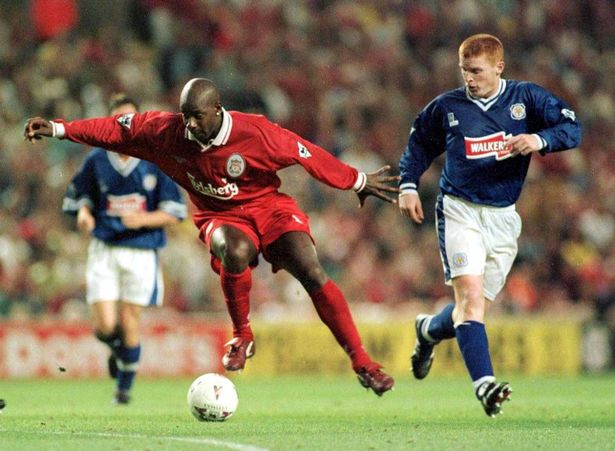 Liverpool v Leicester 14/8/97 Premiership
Liverpools Michael Thomas shields the ball from Leicester's Neil Lennon
Pic: Chris Barry  Action Images