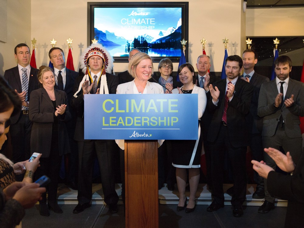 Premier Rachel Notley unveils Alberta's climate strategy in Edmonton Sunday and was flanked by representatives from industry First Nations and environmental groups