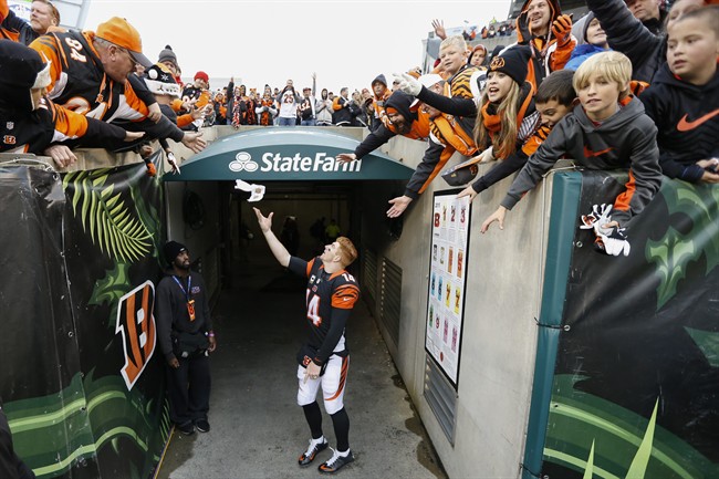 Cincinnati Bengals quarterback Andy Dalton center throws his towel to the crowd after an NFL football game against the St. Louis Rams Sunday Nov. 29 2015 in Cincinnati. The Bengals won 31-7