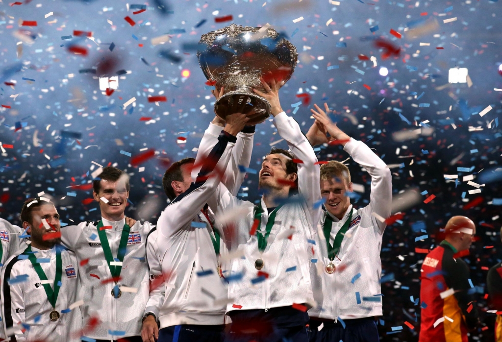 Andy Murray lifts the trophy after the Great Britain won the Davis Cup Final at the Flanders Expo Centre Ghent