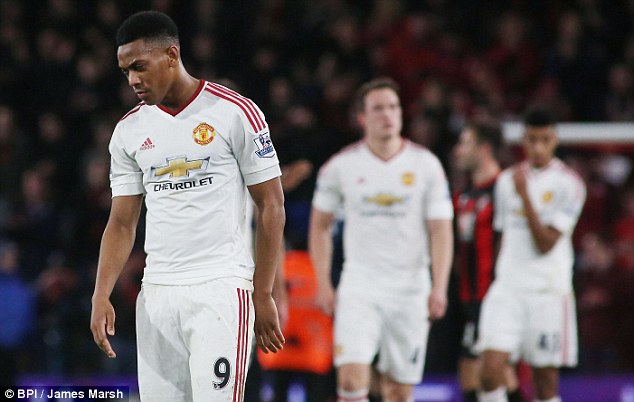 Anthony Martial looks dejected after United lose to Bournemouth to take winless run to four matches