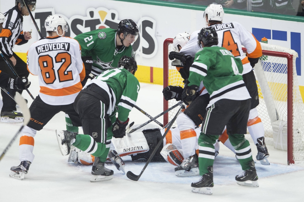 Antoine Roussel jams home the rebound in a scramble to net the game-winning goal.		Jerome Miron-USA TODAY Sports