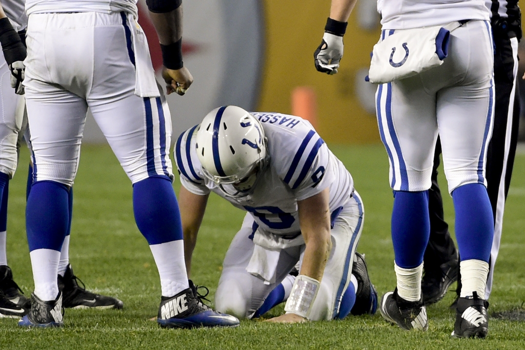 Indianapolis Colts quarterback Matt Hasselbeck is injured as he plays against the Pittsburgh Steelers in the second half of an NFL football game Sunday Dec. 6 2015 in Pittsburgh