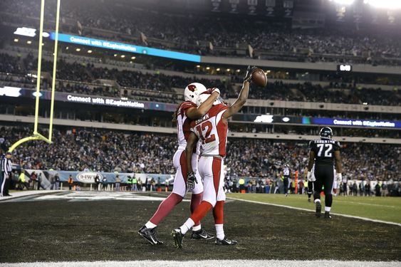 Brown right and Larry Fitzgerald celebrate after Brown's touchdown during the second half of an NFL football game against the Philadelphia Eagles Sunday Dec. 20 2015 in Philadelphia