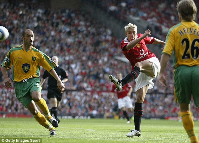 Alan Smith fires home a stunning volley to help give Manchester United a 2-1 win over Norwich City at Old Trafford in August 2004. The Canaries haven't scored at Old Trafford in any competition since