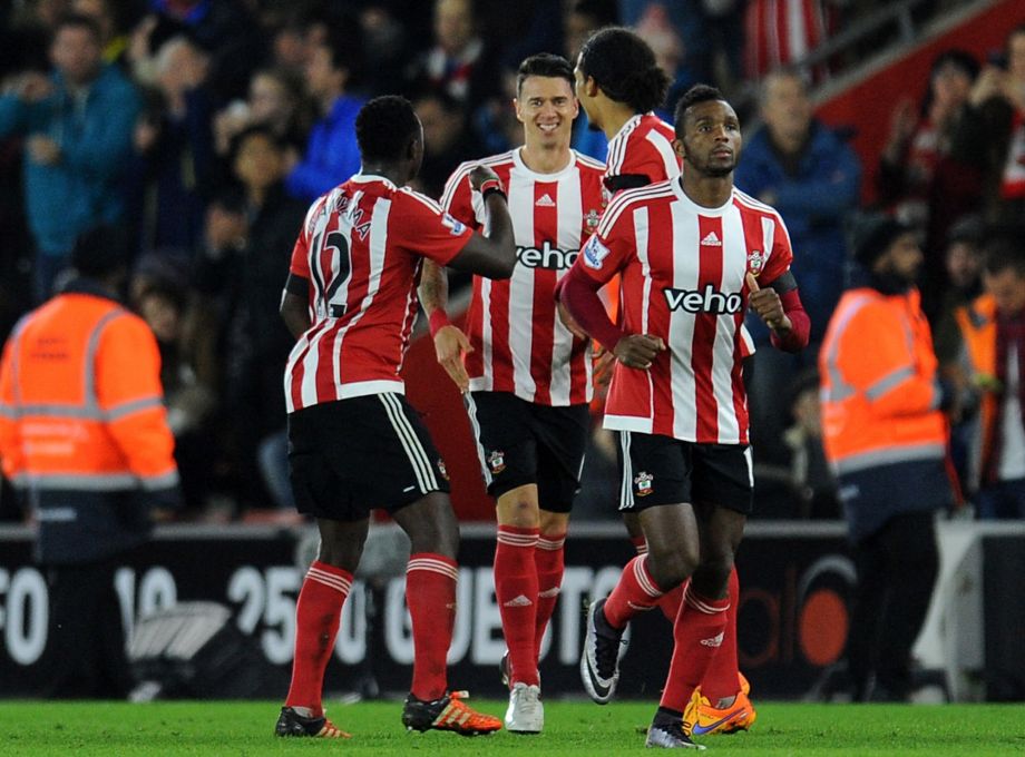 Southampton's Jose Fonte third right celebrates scoring his side's third goal of the game with team-mates during the English Premier League match Southampton against Arsenal at St Mary's Southampton England Saturday Dec. 26 2015. (Clive Gee  PA via A