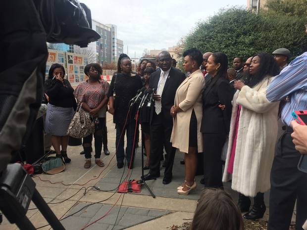 Attorney Benjamin Crump and victims Janie Liggins and Shaudee Hill speak to the media outside the Oklahoma County courthouse on Friday morning