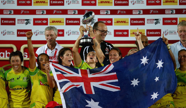 DUBAI UNITED ARAB EMIRATES- DECEMBER 04 Australia celebrates after winning the Emirates Dubai Rugby Sevens- HSBC World Rugby Women's Sevens Series Cup Final