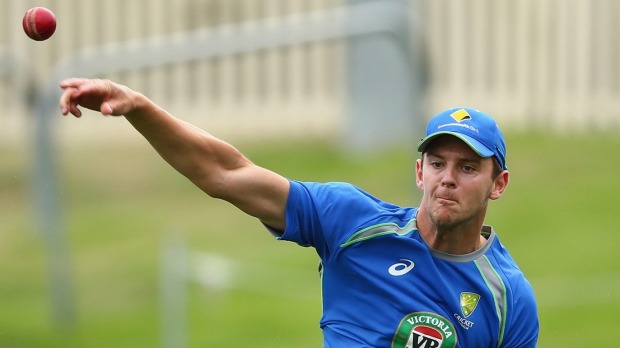 Josh Hazlewood fields during an Australia nets session at Blundstone Arena as the team prepares for the first Test against the West Indies