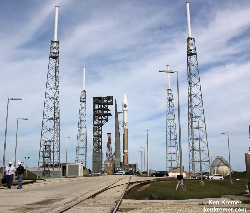 Orbital ATK Cygnus spacecraft poised for blastoff to ISS on ULA Atlas V on Dec. 3 2015 from Cape Canaveral Air Force Station Florida. Credit Ken Kremer