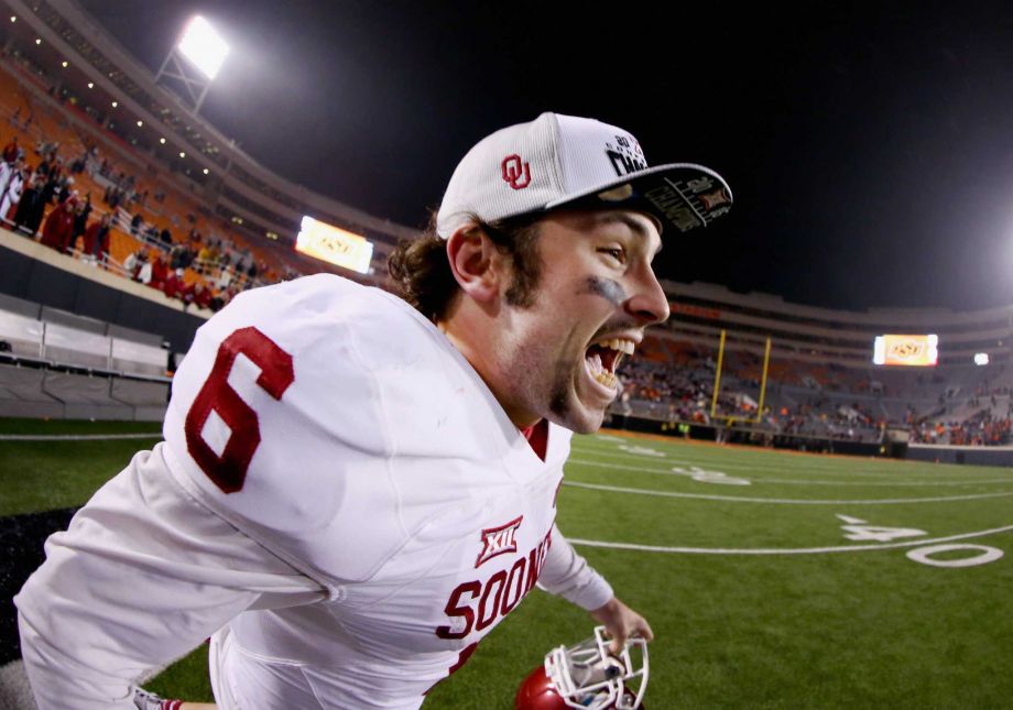 STILLWATER OK- NOVEMBER 28 Baker Mayfield #6 of the Oklahoma Sooners celebrates with fans after beating the Oklahoma State Cowboys 58-23 at Boone Pickens Stadium