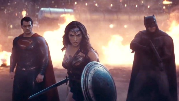 Actors Henry Cavill Gal Gadot and Ben Affleck appear in a scene from Batman v Superman Dawn of Justice director Zack Snyder's upcoming film based on the DC Comics superheroes