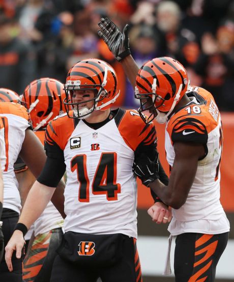 Cincinnati Bengals quarterback Andy Dalton is congratulated by A.J. Green after scoring a 3-yard touchdown in the first half of an NFL football game against the Cleveland Browns Sunday Dec. 6 2015 in Cleveland