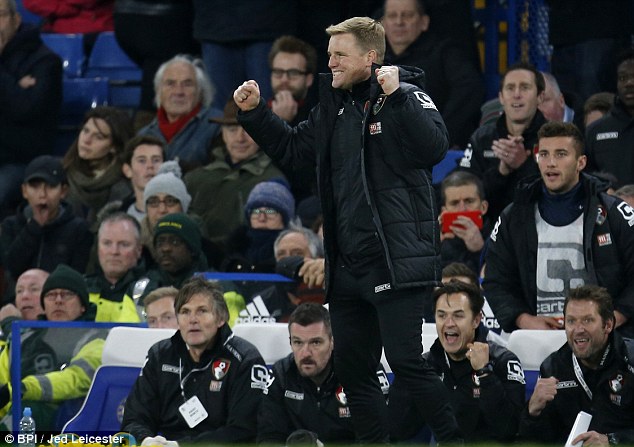 Bournemouth boss Eddie Howe celebrates after his side scored a late winner against Chelsea