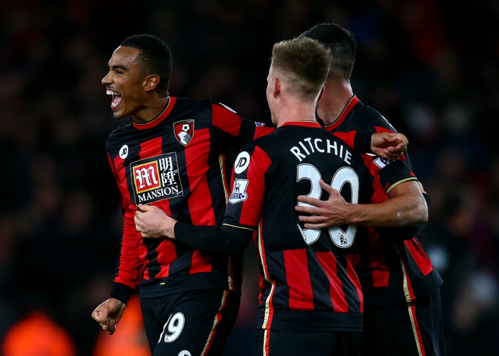 Bournemouth's Matt Ritchie Junior Stanislas and Andrew Surman celebrate after the final whistle against Manchester United