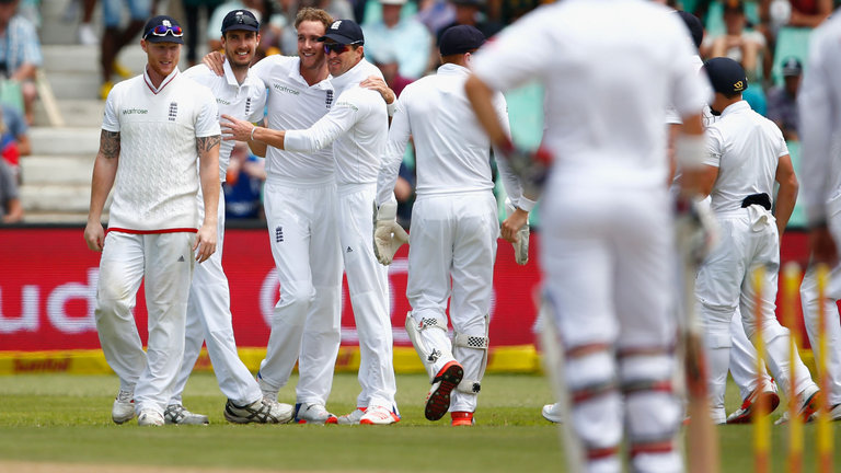 Broad is congratulated after bowling Stiaan Van Zyl during day two of the first Test in Durban