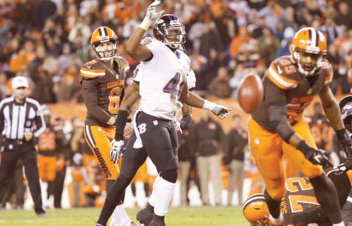 Cleveland Browns’ kicker Travis Coons reacts to having his kick blocked in the second half against the Baltimore Ravens at First Energy Stadium Monday. — Reuters