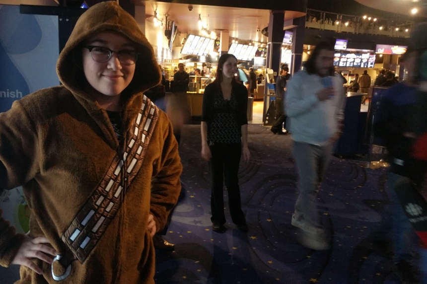 Jolanta Bird outside the theatre following the first screening of Star Wars The Force Awakens