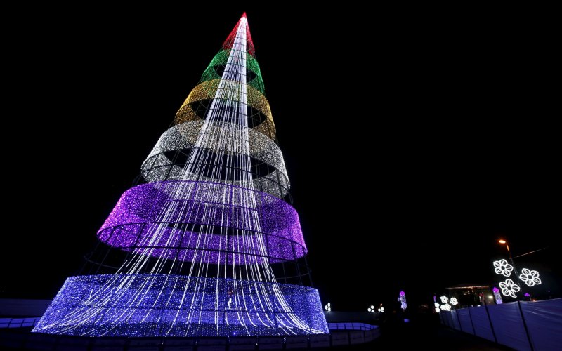 A Christmas tree stands in the Park Simon Bolivar in Bogota Colombia